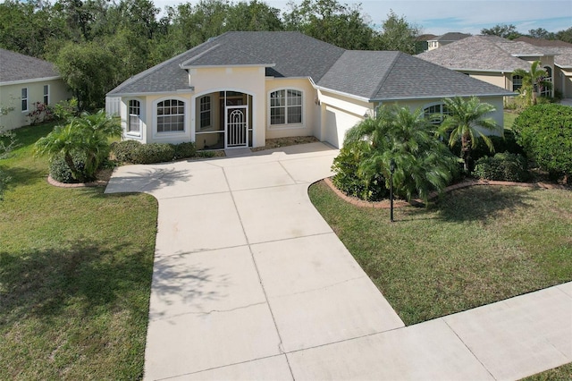 view of front facade with a front yard and a garage