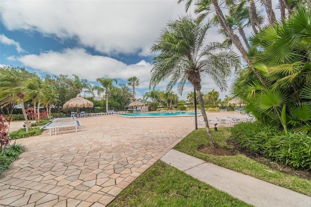 view of community featuring a swimming pool and a patio