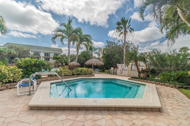 view of swimming pool with a patio