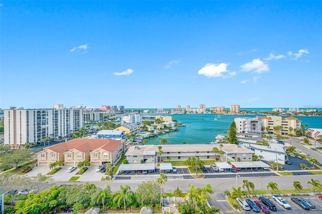 bird's eye view with a water view