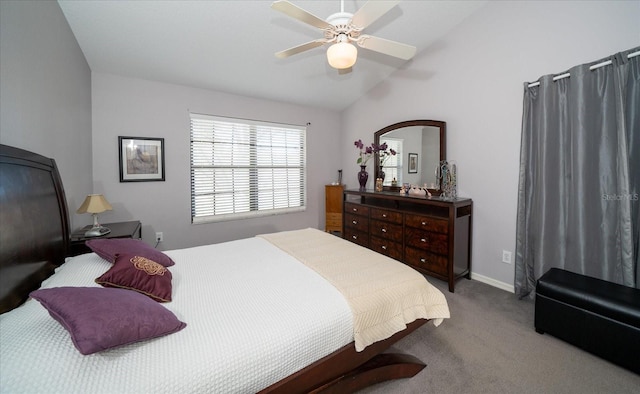 bedroom featuring carpet flooring, ceiling fan, and lofted ceiling