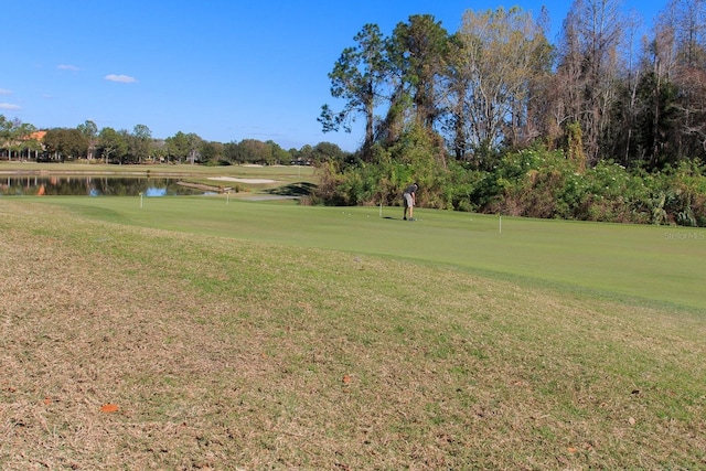 view of community featuring a water view and a lawn