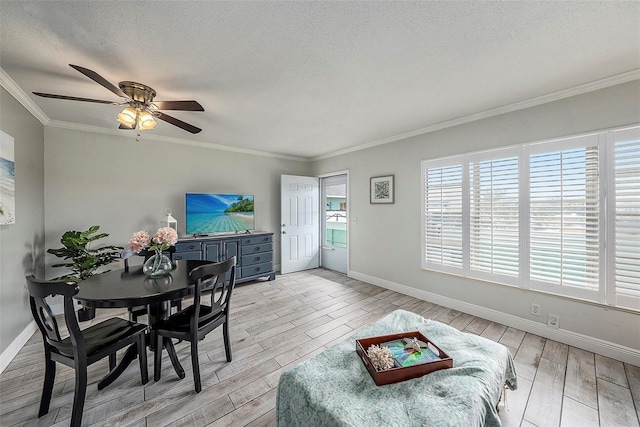 dining room with ceiling fan, light wood-type flooring, a textured ceiling, and ornamental molding