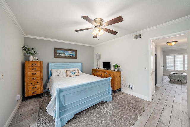 bedroom featuring ceiling fan and ornamental molding