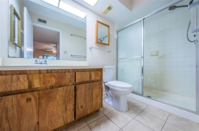 bathroom featuring vanity, tile patterned floors, ceiling fan, toilet, and walk in shower