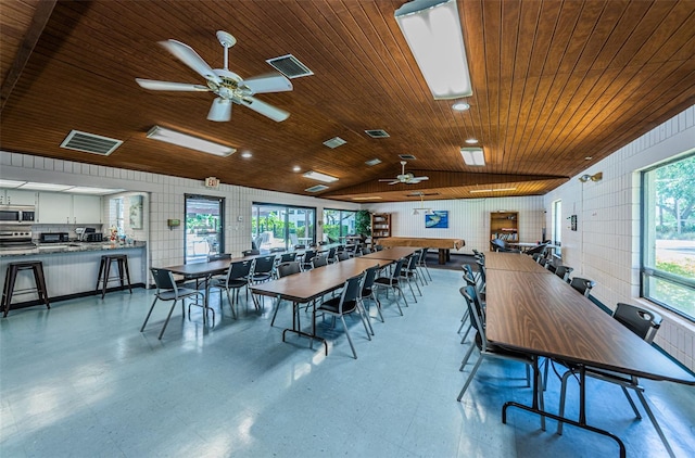 dining room featuring ceiling fan, wooden ceiling, and lofted ceiling