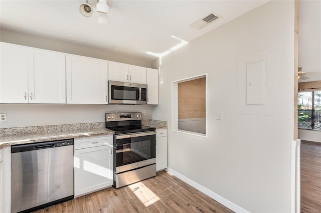 kitchen featuring electric panel, white cabinetry, stainless steel appliances, and light wood-type flooring