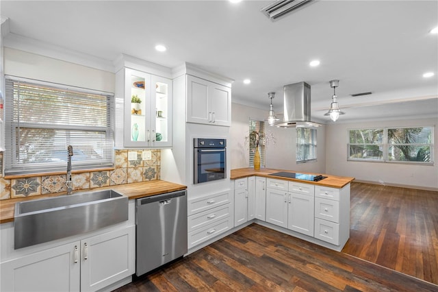 kitchen with white cabinets, wood counters, island range hood, and appliances with stainless steel finishes