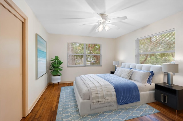 bedroom with multiple windows, ceiling fan, and dark wood-type flooring