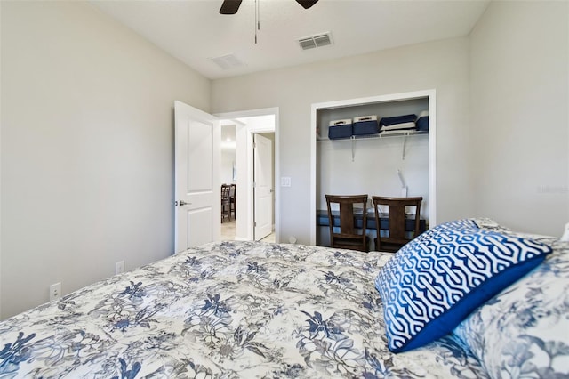 bedroom featuring ceiling fan and a closet