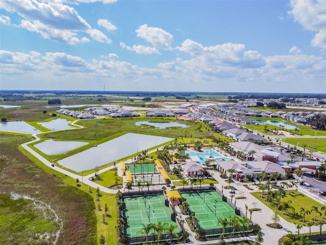 bird's eye view with a water view