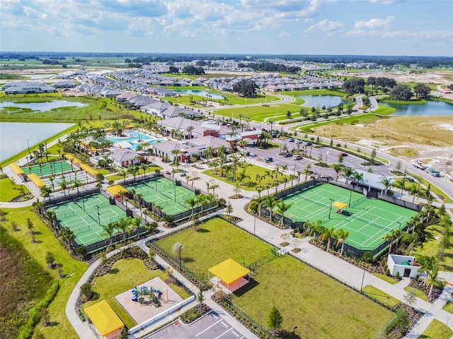 drone / aerial view featuring a water view