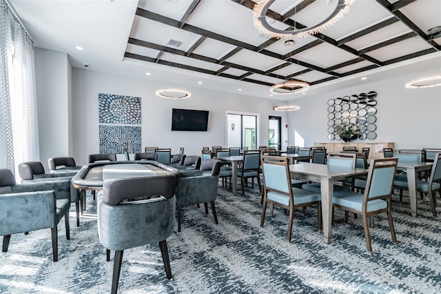 dining room featuring carpet, a notable chandelier, beam ceiling, and coffered ceiling