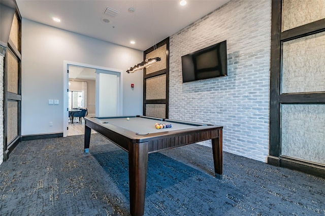 playroom featuring brick wall and billiards