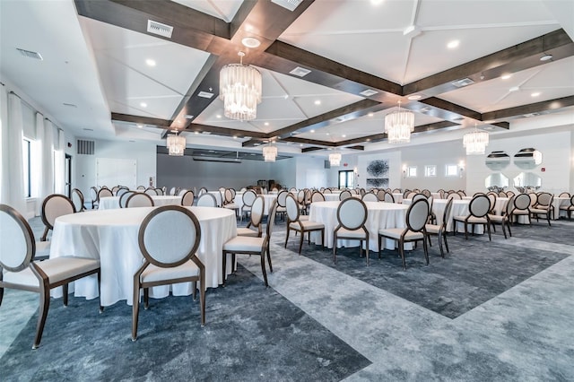 dining area featuring coffered ceiling, beamed ceiling, and an inviting chandelier