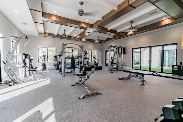 gym featuring ceiling fan