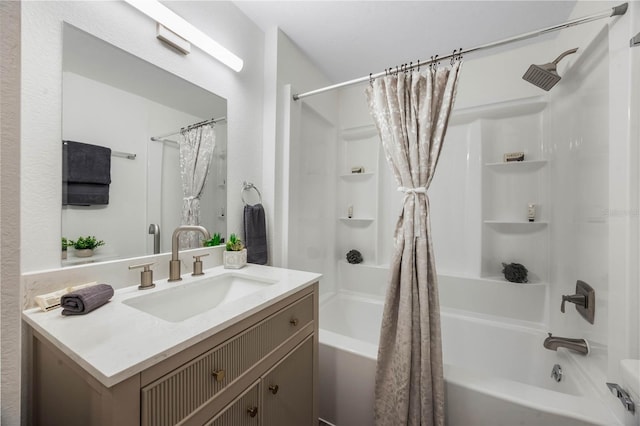 bathroom with vanity and shower / bath combination with curtain