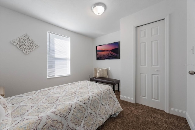 bedroom featuring a closet and dark colored carpet