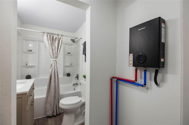 full bathroom with water heater, wood-type flooring, vanity, toilet, and shower / bath combo