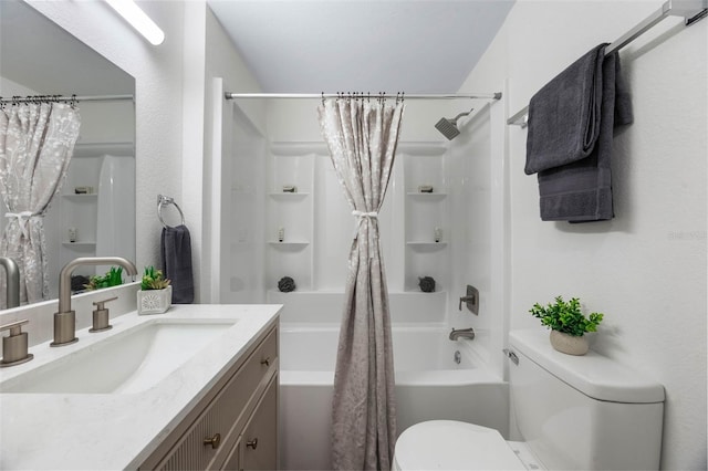 full bathroom featuring toilet, shower / bathtub combination with curtain, and vanity