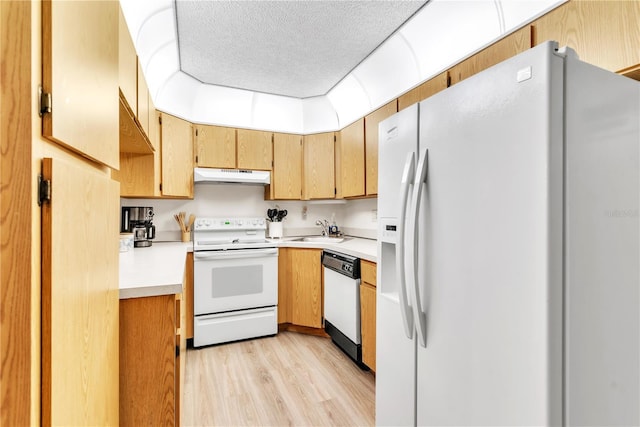 kitchen with sink, white appliances, and light wood-type flooring