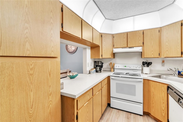 kitchen with a textured ceiling, white appliances, light hardwood / wood-style flooring, and sink