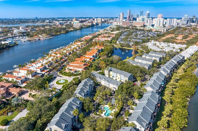 drone / aerial view with a water view