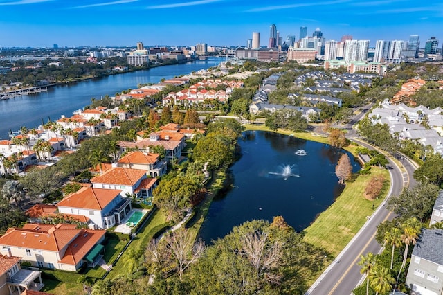 drone / aerial view with a water view