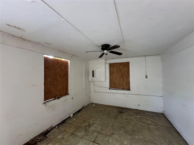 spare room with ceiling fan and electric panel