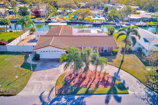 bird's eye view with a water view