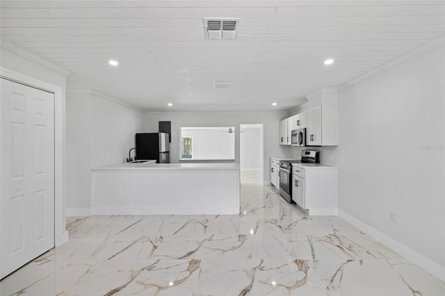 kitchen featuring crown molding, sink, white cabinets, and stainless steel appliances