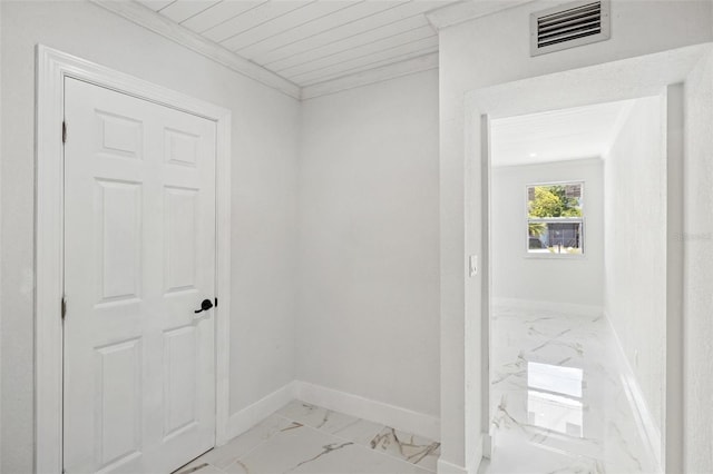 corridor featuring wooden ceiling and ornamental molding