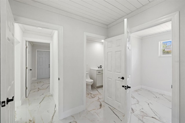 bathroom featuring toilet, crown molding, and wood ceiling