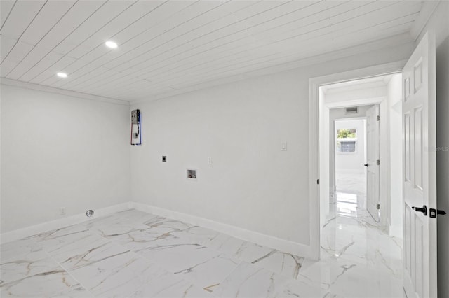 clothes washing area featuring wooden ceiling, washer hookup, and hookup for an electric dryer