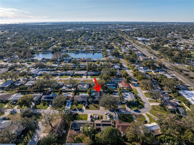 drone / aerial view featuring a water view