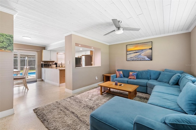 living room featuring ceiling fan, wooden ceiling, and crown molding