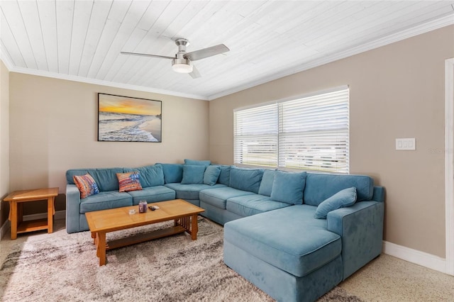 living room with ceiling fan, ornamental molding, and wood ceiling