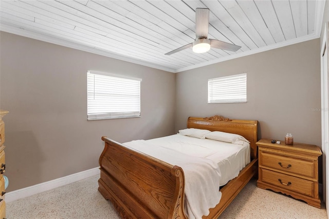 bedroom featuring ceiling fan, ornamental molding, and wood ceiling