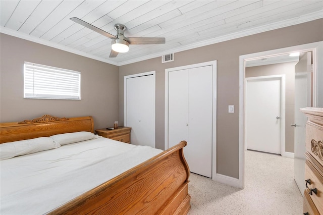 bedroom with ceiling fan, crown molding, and wood ceiling