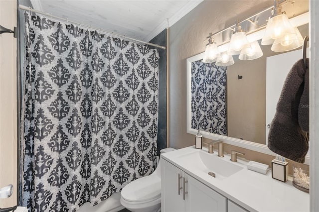 bathroom with vanity, toilet, walk in shower, and crown molding