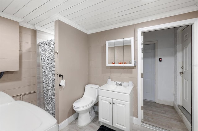 bathroom with walk in shower, crown molding, vanity, and toilet