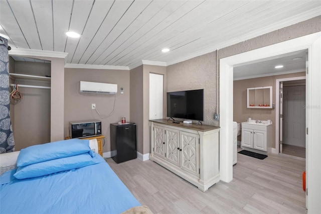 bedroom with an AC wall unit, crown molding, wooden ceiling, and light hardwood / wood-style floors