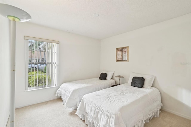 bedroom with light colored carpet