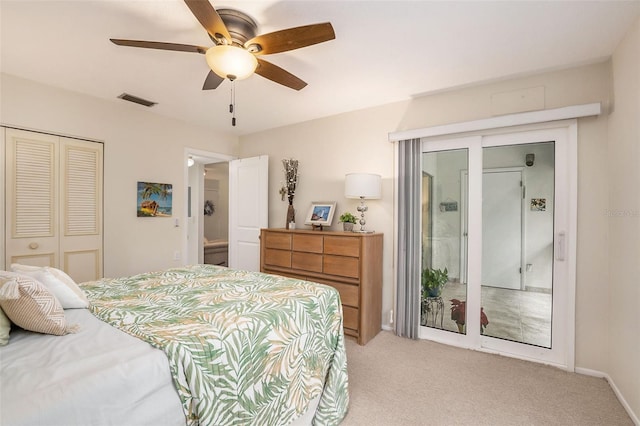 carpeted bedroom featuring ceiling fan