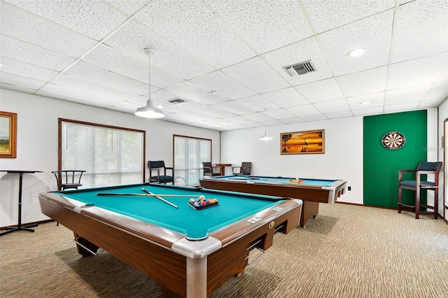 recreation room with a paneled ceiling, light colored carpet, and billiards