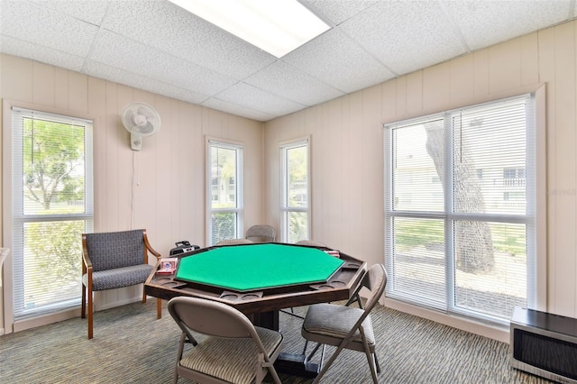 game room with carpet flooring and a drop ceiling