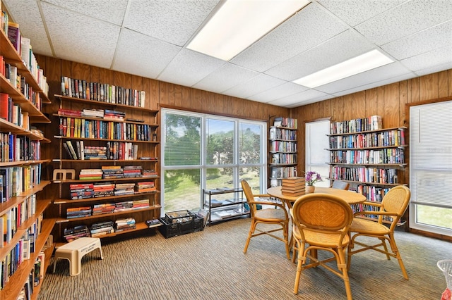 interior space featuring a drop ceiling and wooden walls