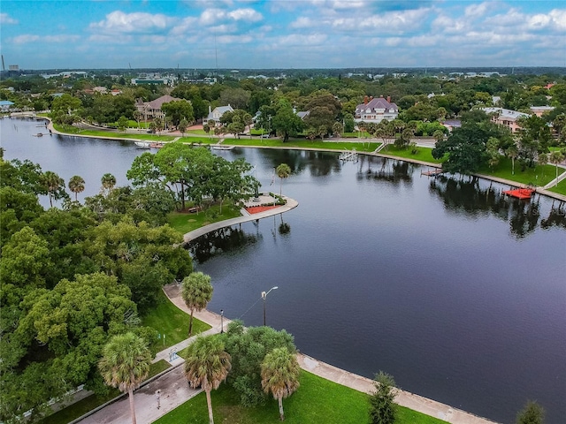 drone / aerial view featuring a water view