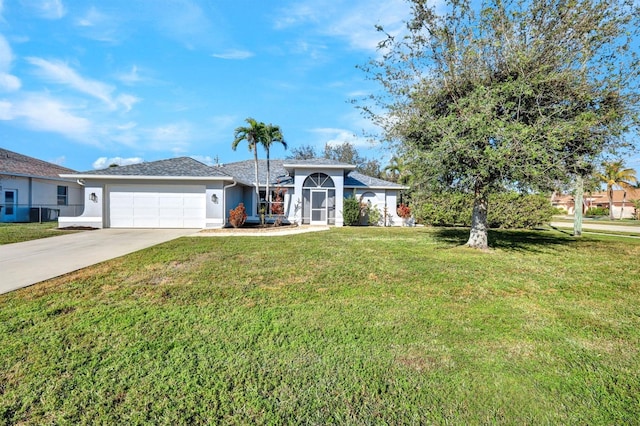 ranch-style house with a front yard and a garage