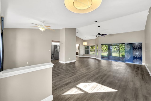 unfurnished living room featuring dark hardwood / wood-style flooring, ceiling fan, and lofted ceiling